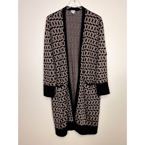 NWT Chico's Chain Link Print Long Line Open Cardigan Pockets Black Gold 3 XL - Picture 1 of 12